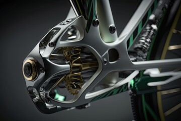 close-up of cross bike's sleek and aerodynamic frame with suspension and shifting system visible, created with generative ai