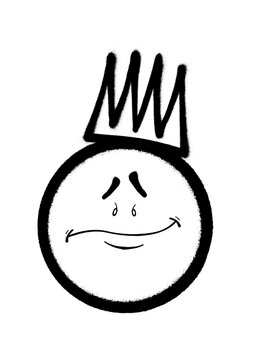 Graffiti emoticon with crown. Smiling face painted spray paint. Vector illustration
