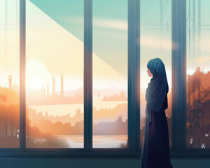 Fototapeta premium A female Muslim wearing a hijab stands in front of a large window admiring the breathtaking panorama beyond.. AI generation.