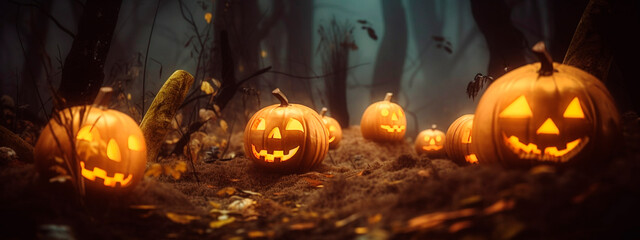 Naklejka premium Halloween - pumpkins in a spooky forest. Generative AI,