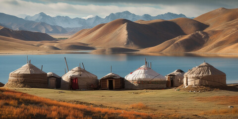 Fototapeta na wymiar Nomadic tents known as Yurt at the Song Kol Lake, Kyrgyzstan Generative AI