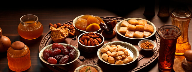 Fototapeta na wymiar muslim food and sweets on ramadan table. Generative AI,