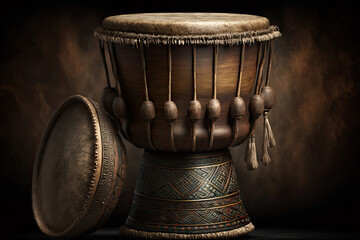african national musical instrument djembe isolated on dark background. Generative AI - obrazy, fototapety, plakaty