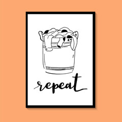 Laundry room repeat vector. For prints on the frame, posters, cards. Hand drawn black laundry basket on white background.