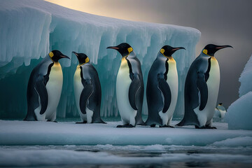 Emperor penguins in Antarctica on an ice floe. Generative AI