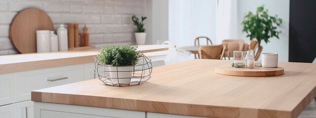 Fototapeta na wymiar Light wooden table on the background of a blurred kitchen, white kitchen. Generative AI,