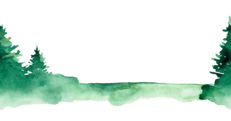 Obraz premium Watercolor Christmas seamless pattern with winter green forest. Hand painted fir trees and snow illustration isolated on white background. Holiday illustration for design, print, fabric or background.