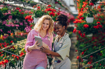 Multiracial woman gardeners working in a greenhouse using tablet