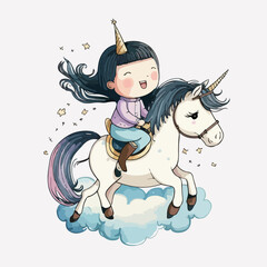 girl riding a unicorn in the clouds © patricia