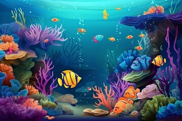 Obraz na płótnie Canvas cartoon illustration, fish with underwater world, website header, ai generative