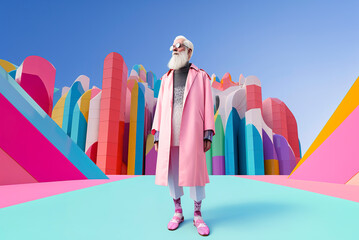 Generative AI illustration of portrait of fashion photo of a 50 years old man with a white beard, hat and sunglasses, smiling, standing in a colorful futuristic town
