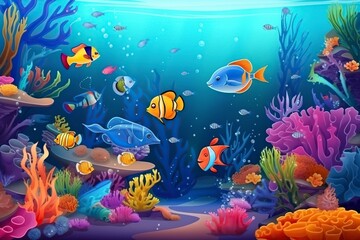 Naklejka na ściany i meble cartoon illustration, fish with underwater world, website header, ai generative