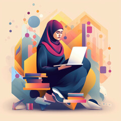 An intelligent and curious Muslim woman wearing a hijab and surrounded by books tapping away on her laptop to find n solutions and. AI generation.