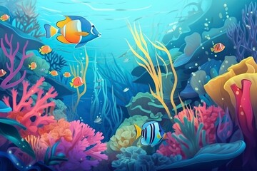 Fototapeta na wymiar cartoon illustration, fish with underwater world, website header, ai generative