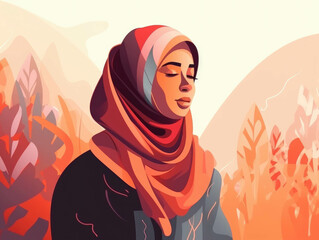 A North African Muslim woman wearing a hijab stands confidently at her company a symbol of successful inteation in her home culture.. AI generation.