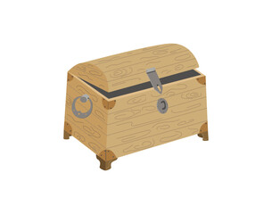 Cartoon vector drawing in doodle style . An old wooden empty open pirate chest or treasure chest. Business concept of crisis and bankruptcy. Color Illustration on isolated background.
