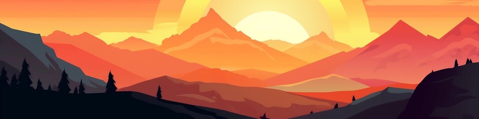Fototapeta na wymiar cartoon over mountains peak illustration, website header, ai generative