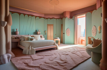 Generative AI illustration of a heavenly bedroom made of light pastel colors wool yarn, heathland, complementary color scheme