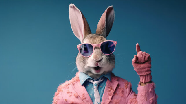 Cool easter bunny with sunglasses on colorful background celebrate promotion easter party. GENERATIVE AI