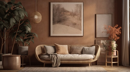 Bohemian Interior Design Style living room in pastel colors mock-up with frame for picture generative ai