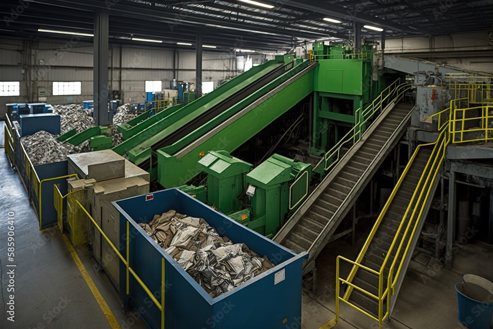 Wall mural recycling center, with bins and machines sorting and processing recyclables, created with generative ai