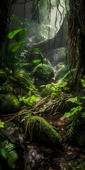 A misty tropical rainforest during a rainy day - portrait wallpaper - generative AI