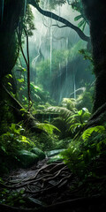 A misty tropical rainforest during a rainy day - portrait wallpaper - generative AI