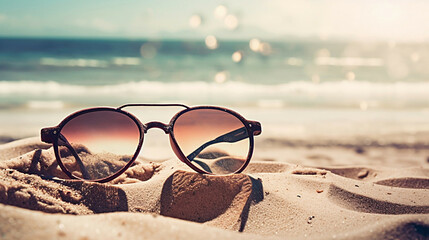 Fototapeta na wymiar sunglasses on the beach sand seashore travel vacation concept new quality stock image illustration desktop wallpaper design, Generative AI