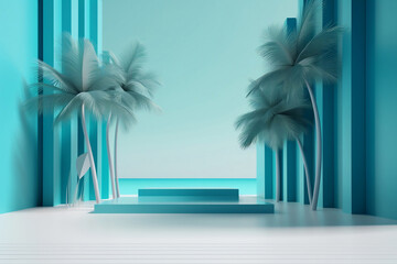 Podium for product presentation, tropical beach with exotic colors, generative ai