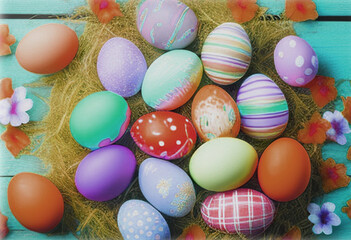 Fototapeta na wymiar Happy Easter Day Design with Colorful Painted Realistic Eggs in Basket in Pastel Color Background. Egg Hunt Party