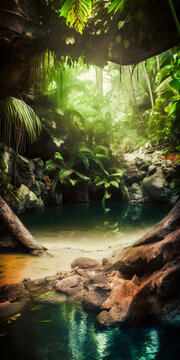 Scenic view of a tropical rainforest paradise beach pond during sunrise- portrait wallpaper - generative AI