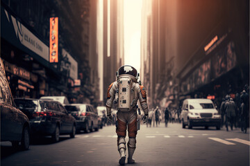 Persona con un traje espacial caminando en las calles d una gran ciudad. Generative AI