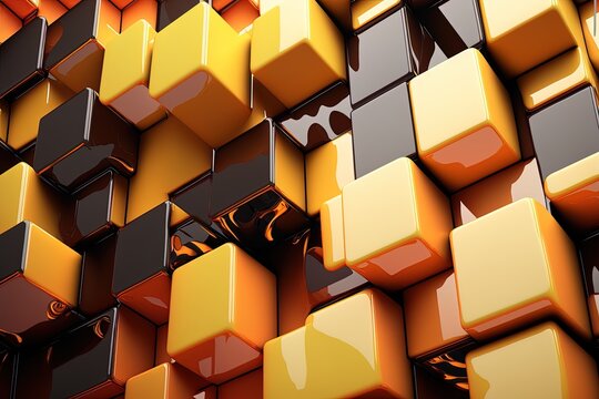 Modern technology wallpaper made of orange and yellow glossy cubes with precise construction. Generative AI