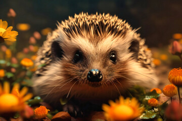 Fototapeta premium A cute hedgehog snuffling around in a fragrant flower bed