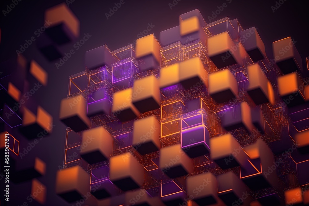 Poster translucent cubes neatly aligned in a futuristic tech backdrop. combination of the colors violet and