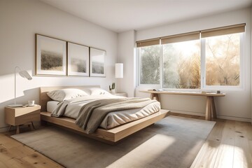 Bedroom with large windows, generative ai