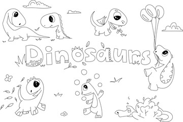 Vector cartoon children's dinosaurs for coloring. Cute dinosaurs play in summer. He tries to eat a flower, sleeps in the bushes, plays with leaves, mother and baby are walking.