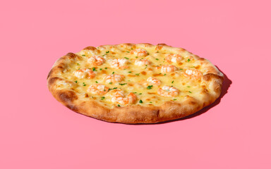 Shrimps pizza minimalist on a pink background. Homemade seafood pizza