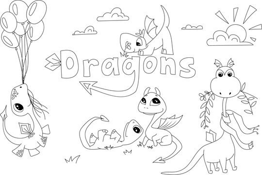 Vector cartoon children's dragons for coloring. Cute dragons play in the summer. He smells a flower, chews branches with leaves, has lunch, rolls on the grass, flies in the sky, holding on to balloons