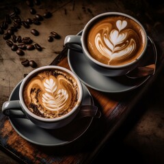 Bird's Eye View of Two Cups of Hot Cappuccino on a Wooden Surface Background. Generative ai.
