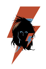 Design for a t-shirt with the symbol of thunder and the face of a rock musician from the eighties. glam rock poster