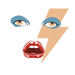 vector illustration with a female mouth, eyes and a pink lightning bolt. Design for t-shirts or posters with style of the eighties