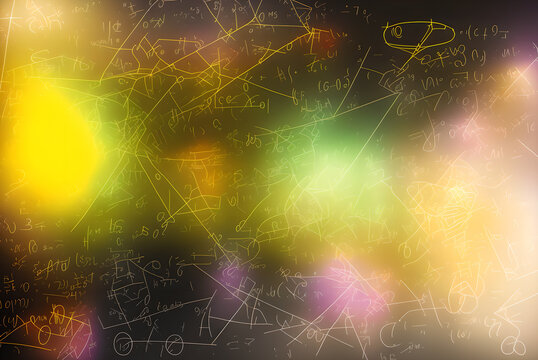 Many math formulas, lines, diagrams, numbers, chemical bonds, drawn on a blackboard, with light glows, fog and smoke. Generative AI.

