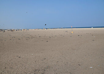 Wide beaches in the southeast of India. Chennai. Fishing boats and equipment. Fish nets.