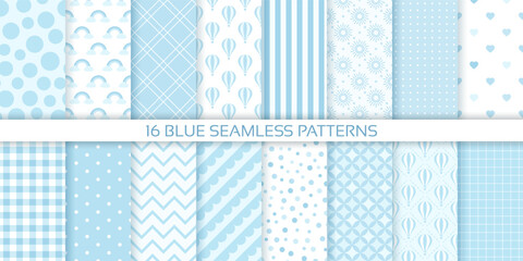 Blue seamless background. Scrapbook baby shower patterns. Set cute prints with polka dots, stripes, zigzag, plaid. Retro pastel texture. Geometric childish wrapping backdrop. Color vector illustration - obrazy, fototapety, plakaty
