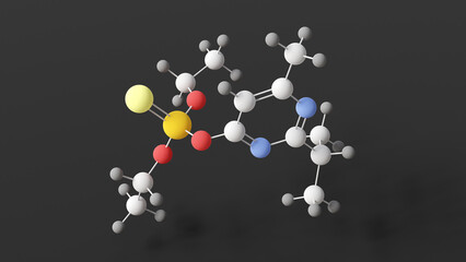 diazinon molecule, molecular structure, thiophosphoric acid ester, ball and stick 3d model, structural chemical formula with colored atoms