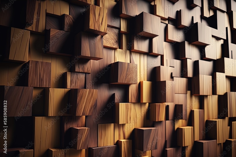 Poster wall made of wood with mosaic tiles that are both rectangular and tiled. silky sheen, organic, a blo