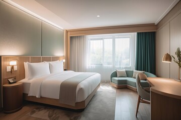 Hotel room. Modern cozy style. Big window. Generative AI.