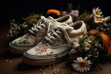 Floral arrangements on shoes. AI generated
