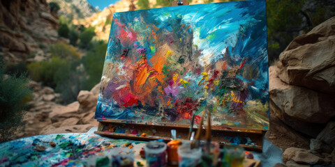 artist's easel standing at the edge of a cliff,  vibrant natural scene (created with Generative AI)